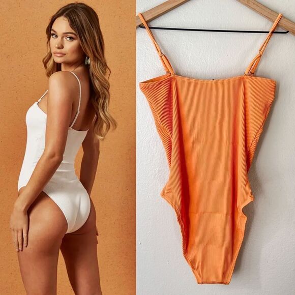 NWT Charlie Holiday Ozzie Ribbed One Piece Swimsuit in Peach Orange XS - Picture 2 of 5